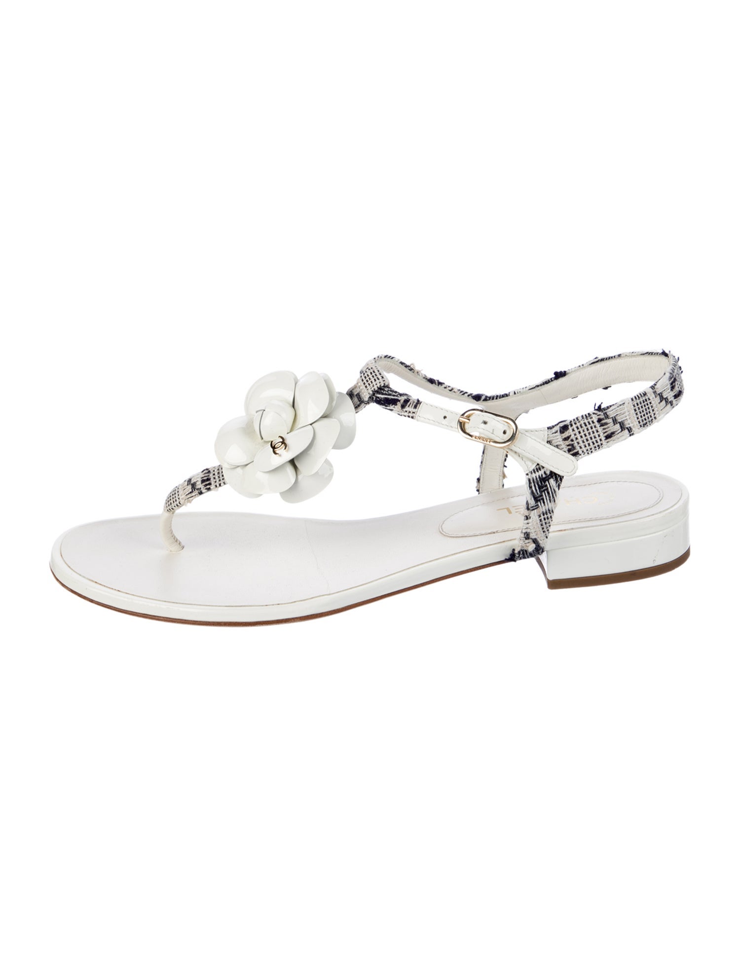 Chanel Interlocking CC Logo Tweed T-Strap Sandals