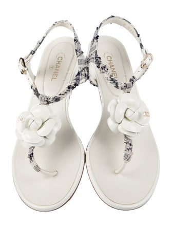 Chanel Interlocking CC Logo Tweed T-Strap Sandals