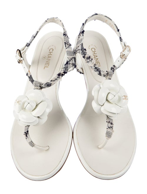 Chanel Interlocking CC Logo Tweed T-Strap Sandals