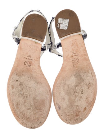 Chanel Interlocking CC Logo Tweed T-Strap Sandals