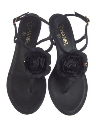 Chanel Interlocking CC Logo Leather Trim Embellishment T-Strap Sandals