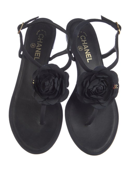 Chanel Interlocking CC Logo Leather Trim Embellishment T-Strap Sandals