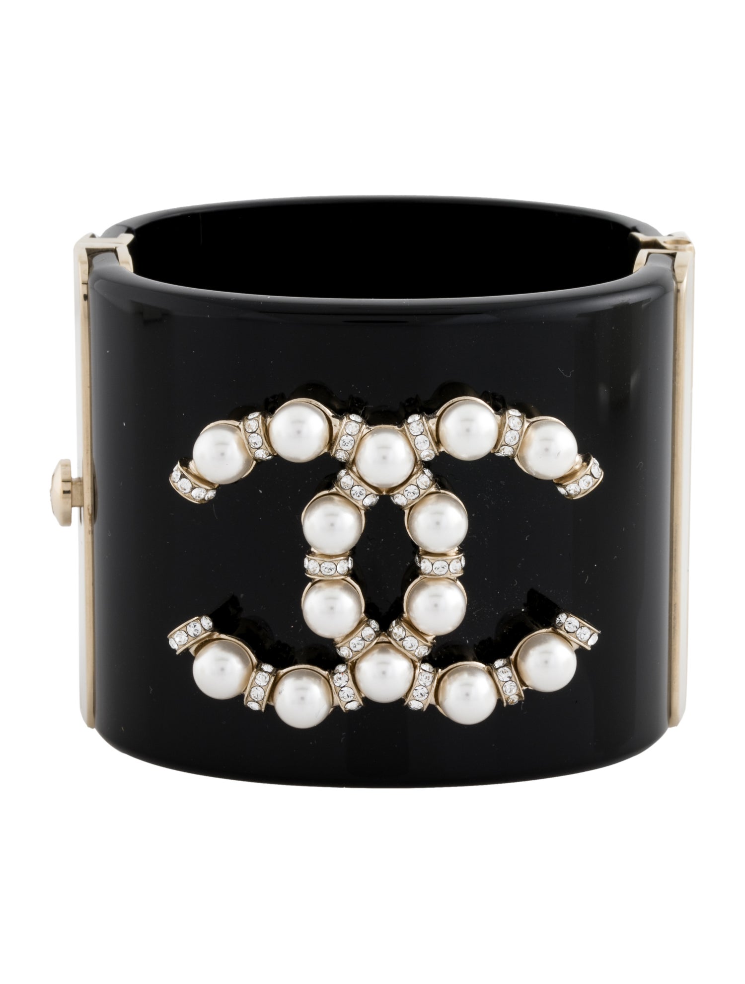 Chanel 2021 Faux Pearl & Strass CC Hinged Bangle