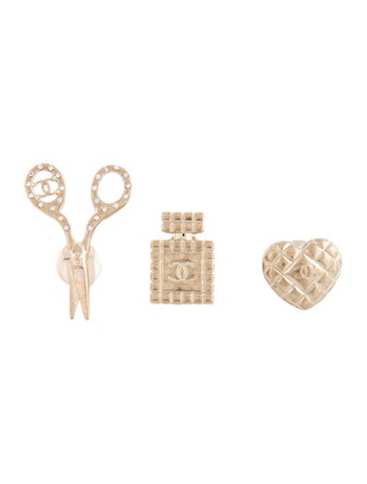 Chanel 2021 Strass CC Scissors, Heart & Bottle Pin Set