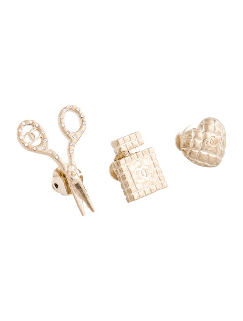 Chanel 2021 Strass CC Scissors, Heart & Bottle Pin Set