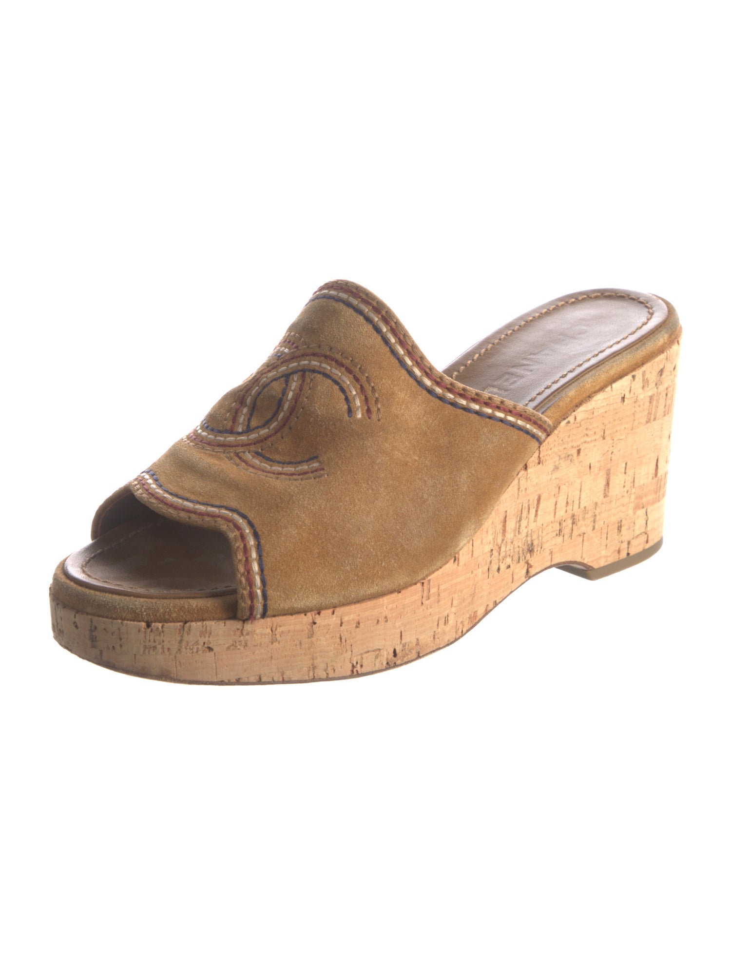 Chanel Interlocking CC Logo Suede Slides