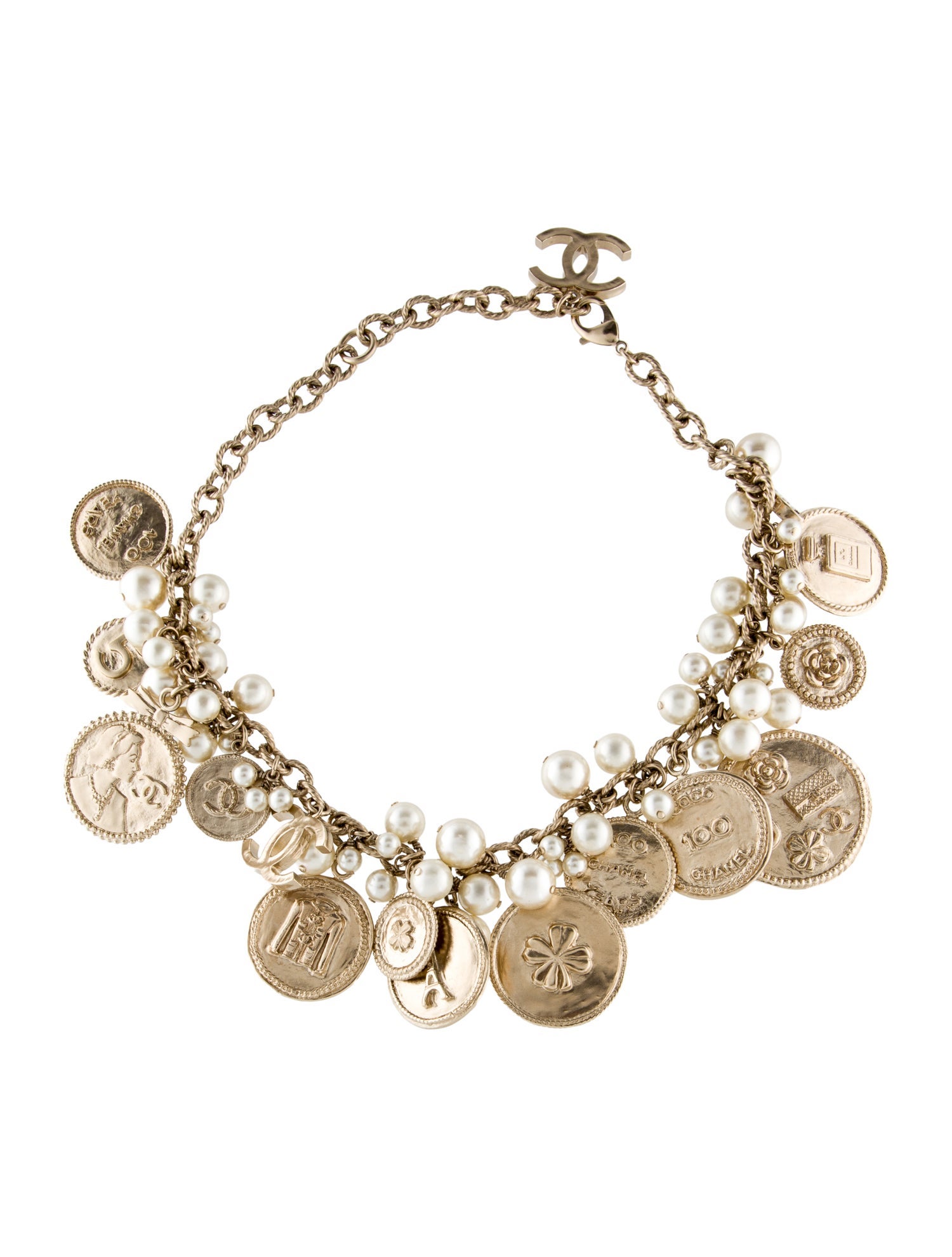 Chanel Faux Pearl 100th Anniversary Medallion Coin Necklace