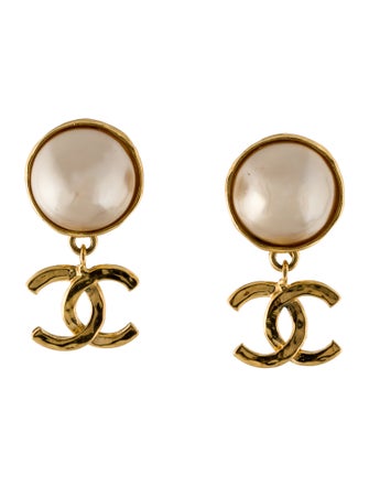 Chanel Faux Pearl CC Drop Clip-On Earrings