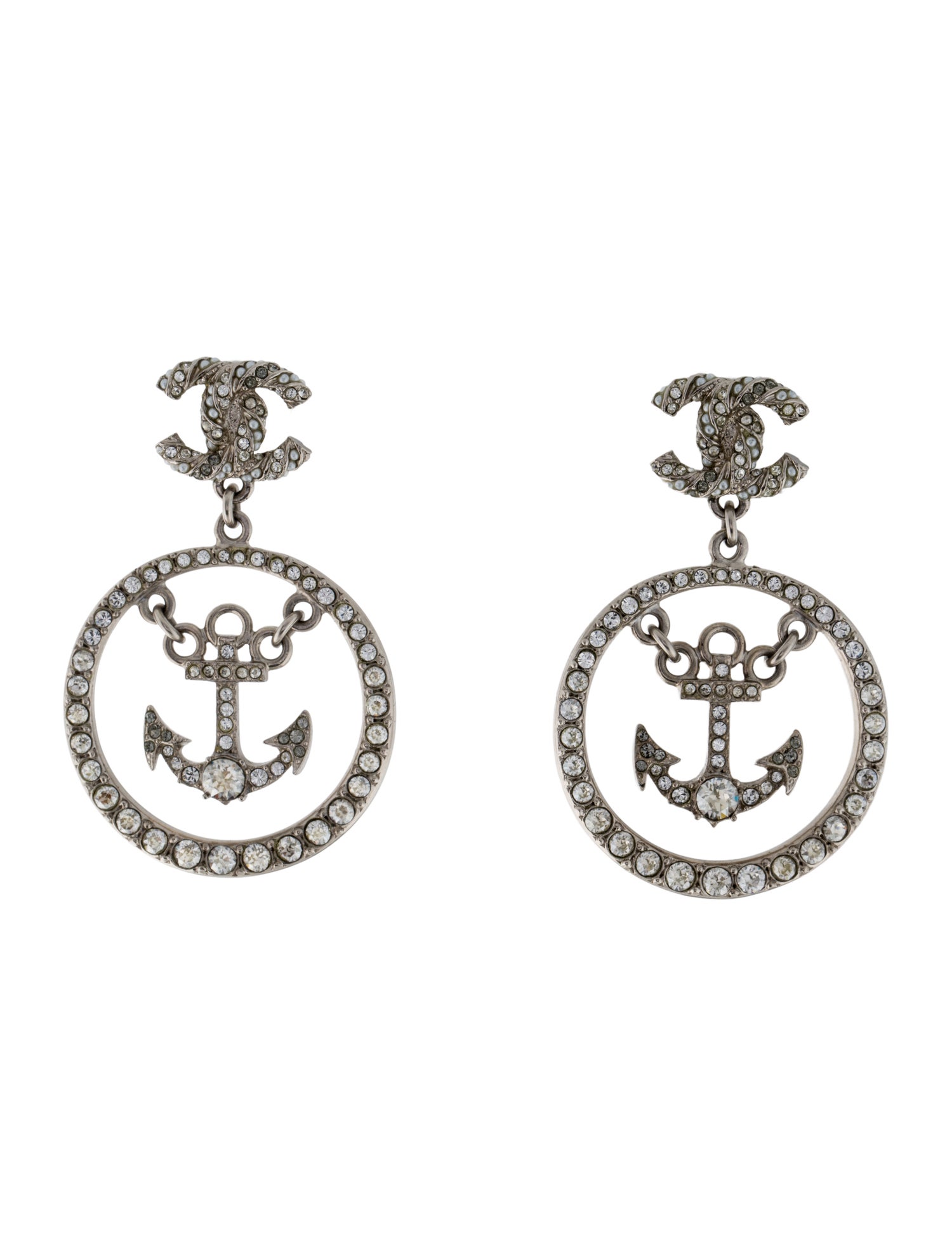 Chanel Faux Pearl & Strass CC Anchor Drop Earrings