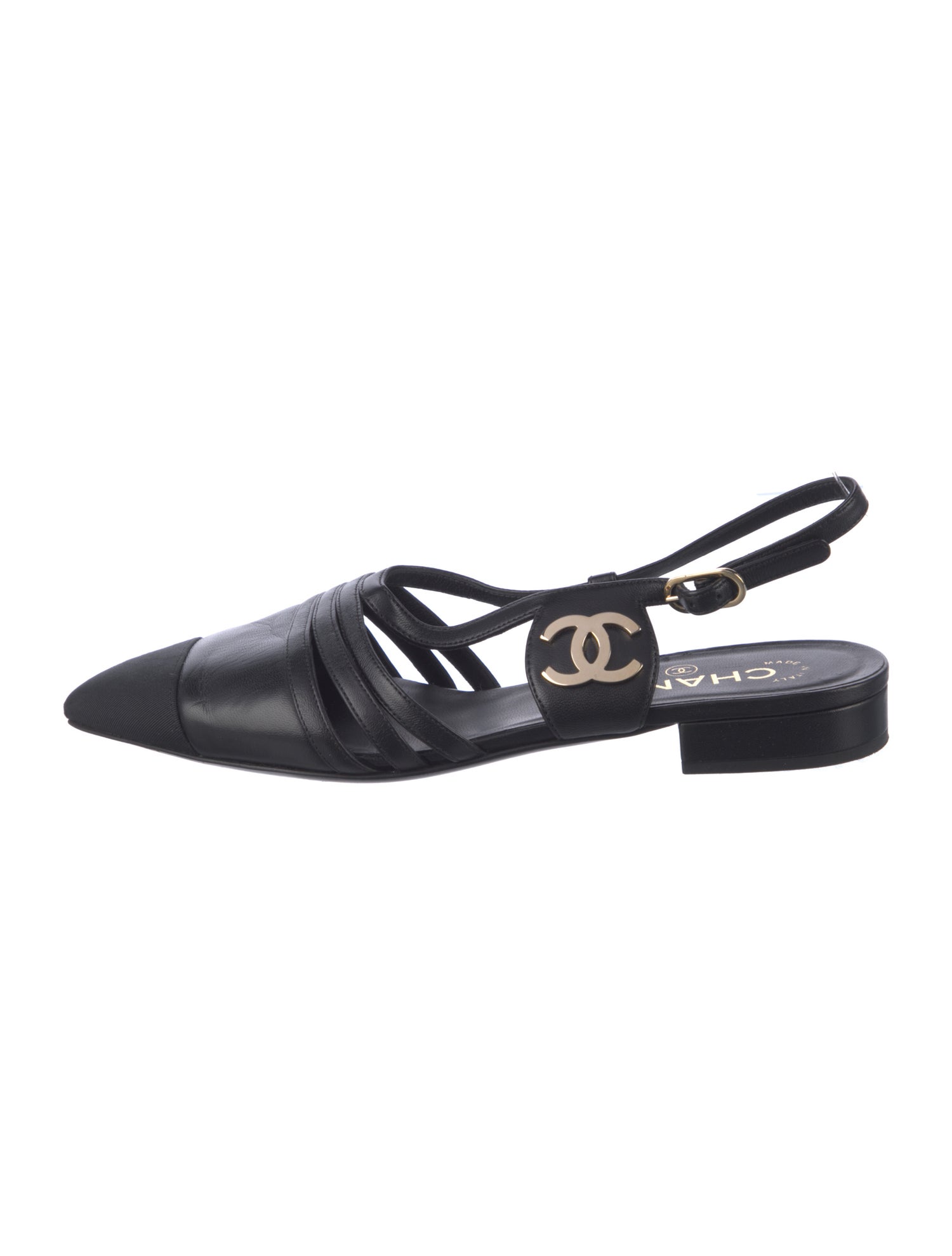 Chanel Interlocking CC Logo Leather Slingback Flats