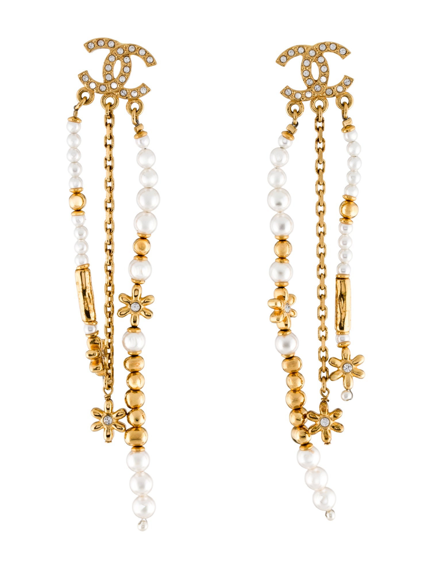 Chanel 2023 Faux Pearl & Strass CC Flower Drop Earrings