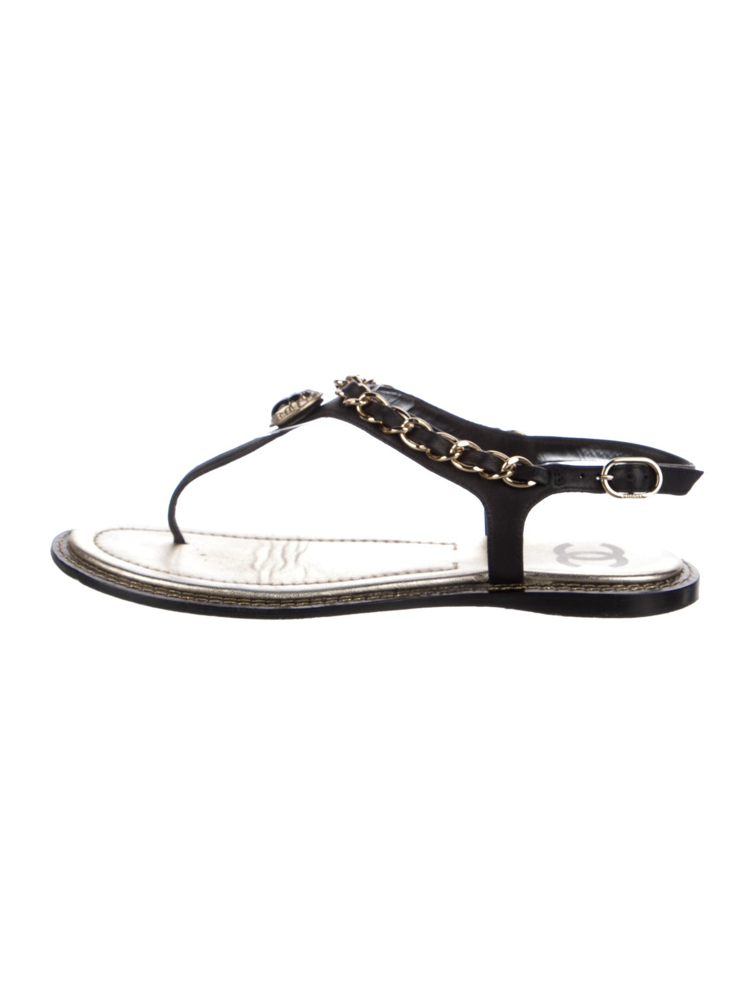 Chanel Scarab Chain-Link Accent T-Strap Sandals