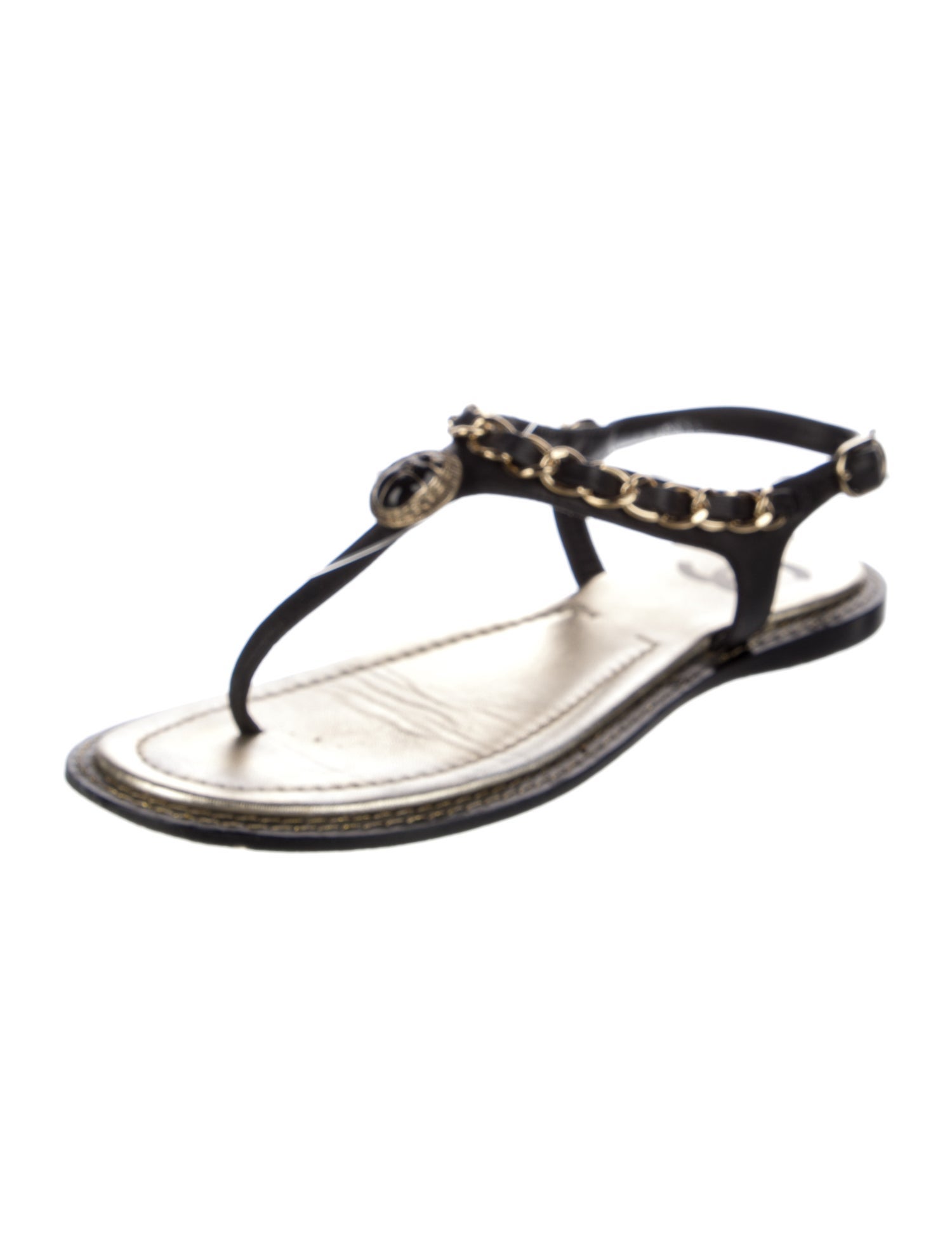 Chanel Scarab Chain-Link Accent T-Strap Sandals