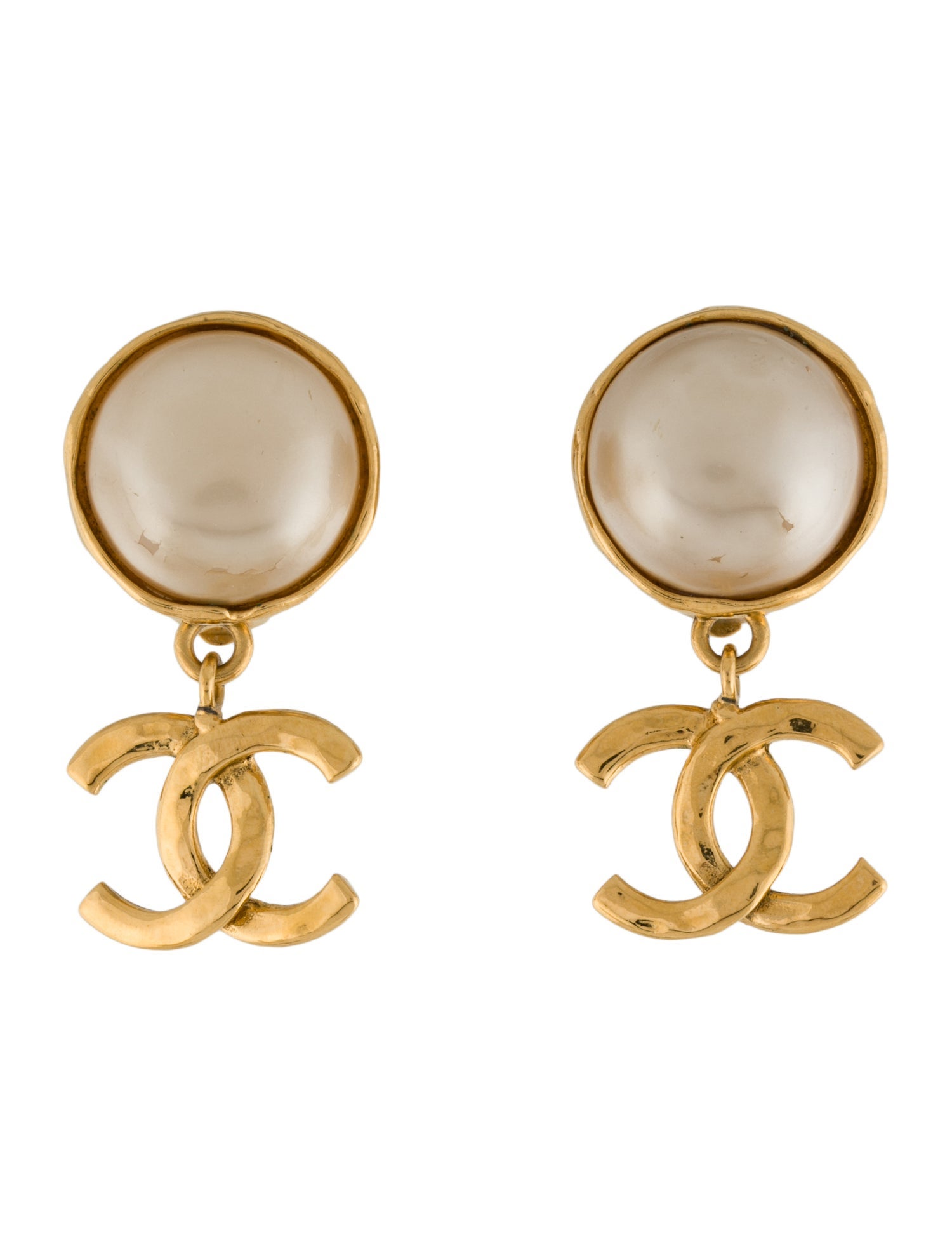 Chanel Vintage Faux Pearl CC Drop Clip-On Earrings
