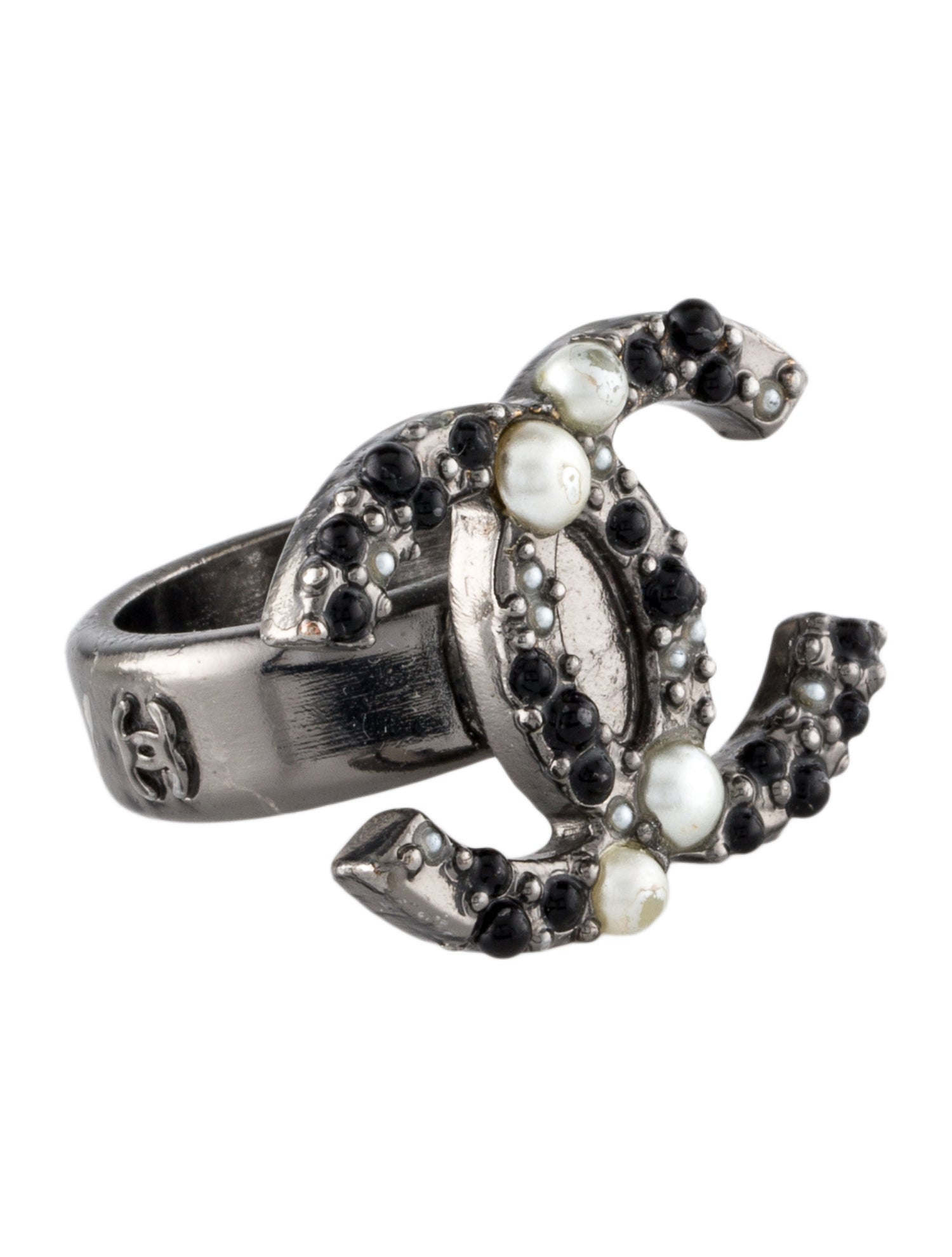 Chanel Faux Pearl, Resin & Strass CC Logo Cocktail Ring