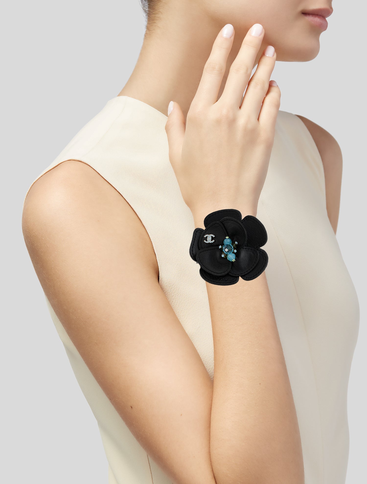 Chanel Strass & Leather Camellia Choker Bracelet