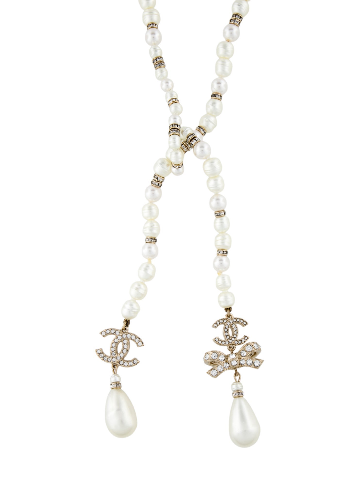 Chanel 2023 Faux Pearl & Strass CC Bow Lavalier Necklace