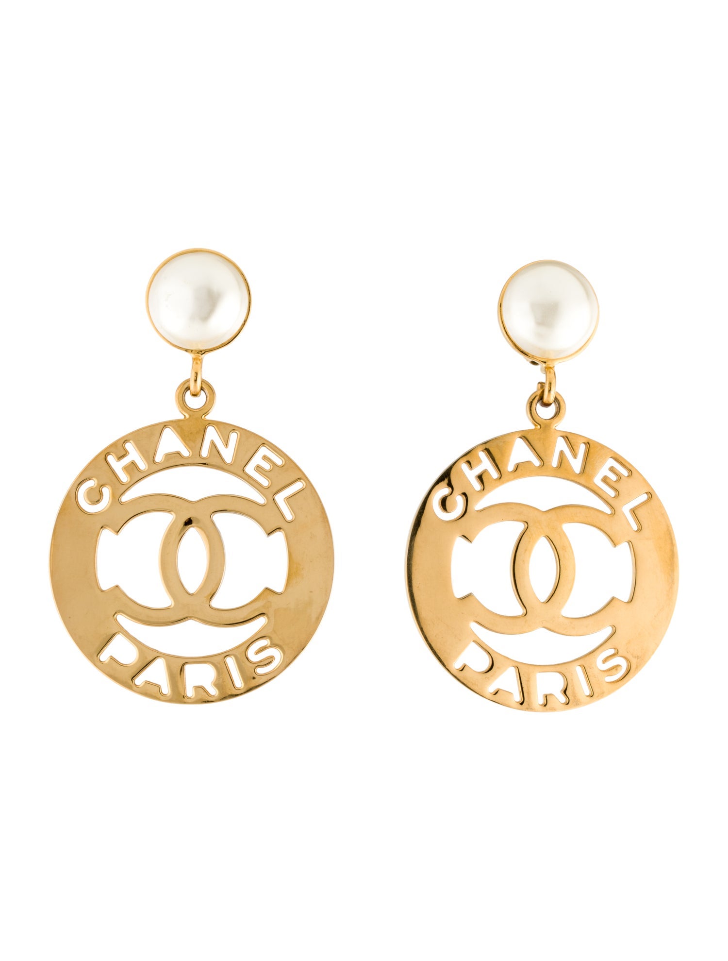 Chanel Vintage Faux Pearl CC Cut Out Clip-On Drop Earrings