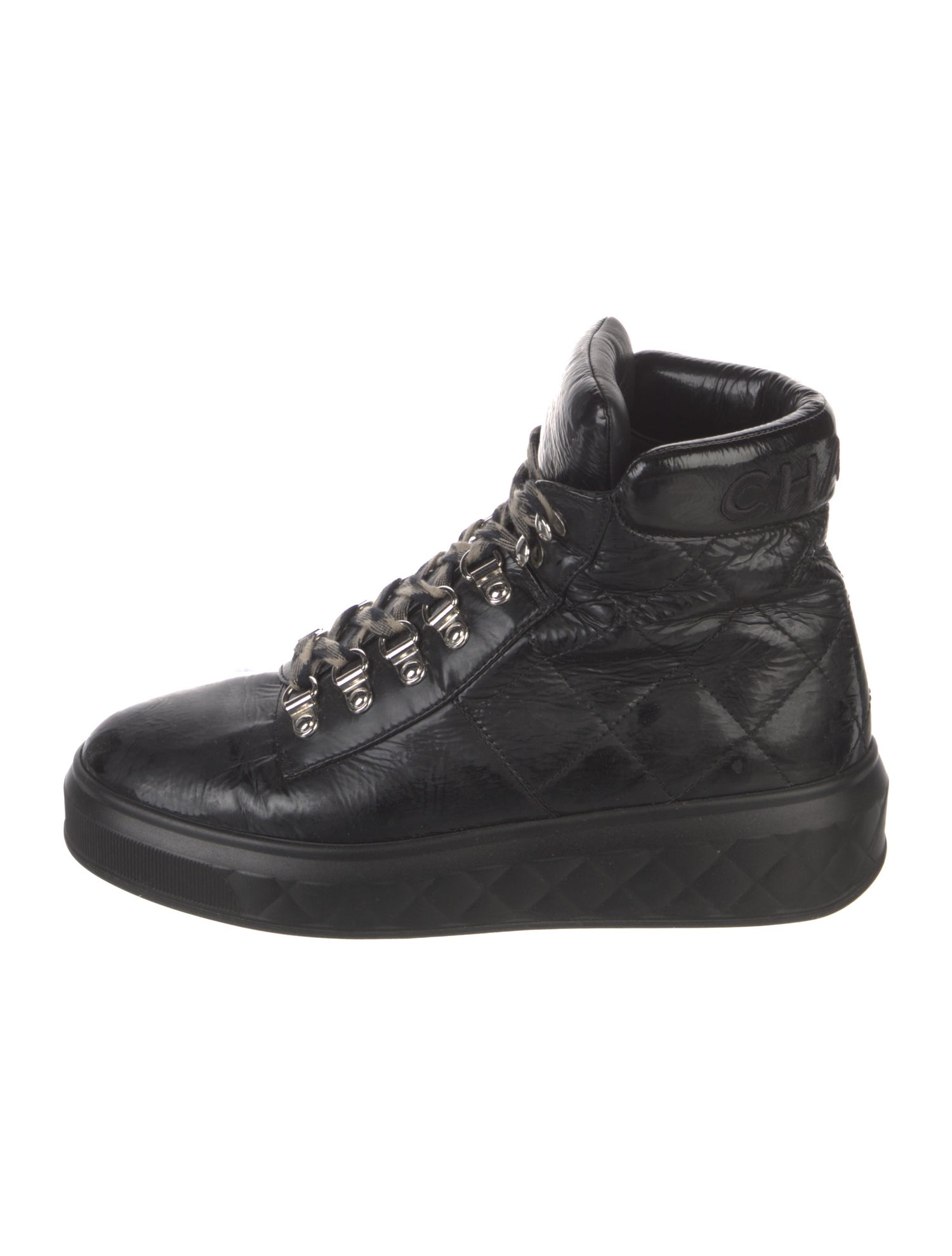 Chanel Interlocking CC Logo Patent Leather Hiking Boots