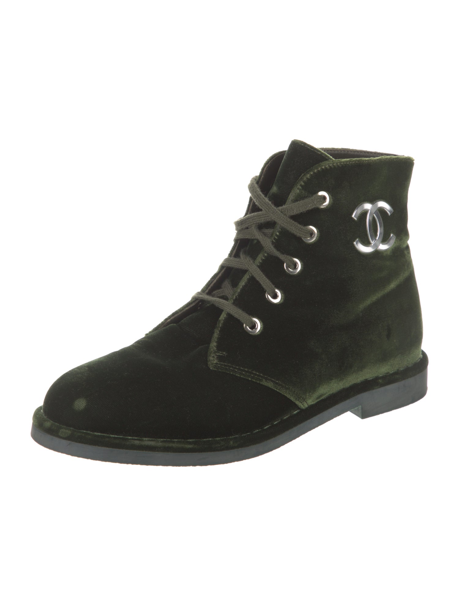 Chanel Interlocking CC Logo Velvet Lace-Up Boots