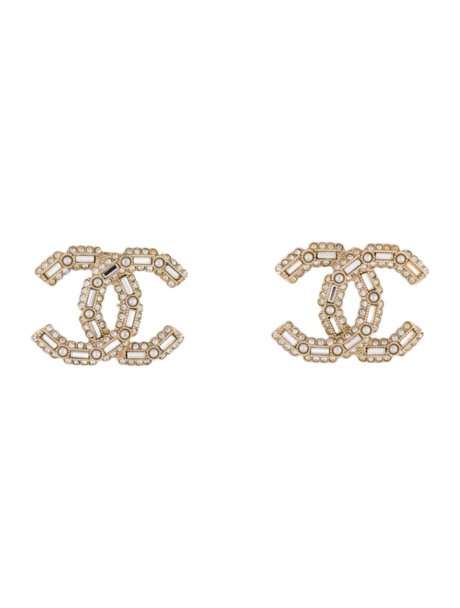 Chanel 2022 Faux Pearl & Strass CC Stud Earrings