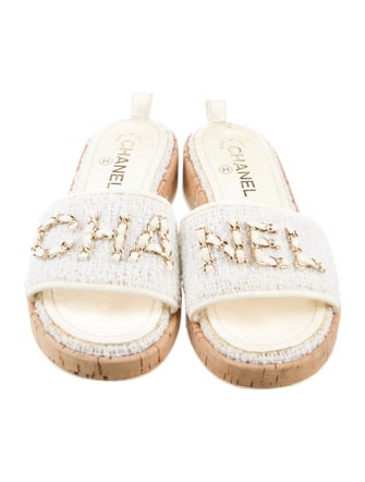Chanel Interlocking CC Logo Tweed Slides