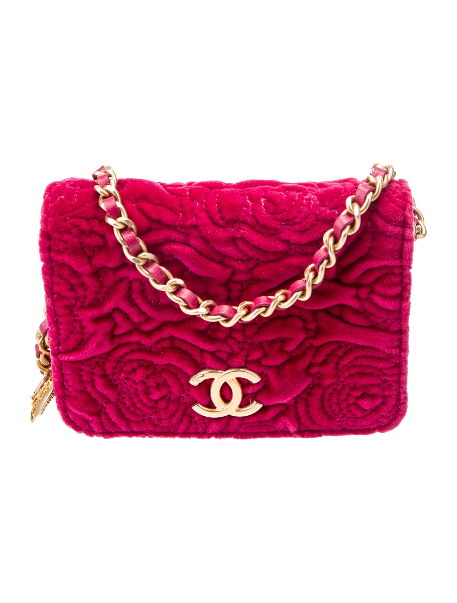 Chanel Camellia Velvet Flap Coin Purse w/ Chain