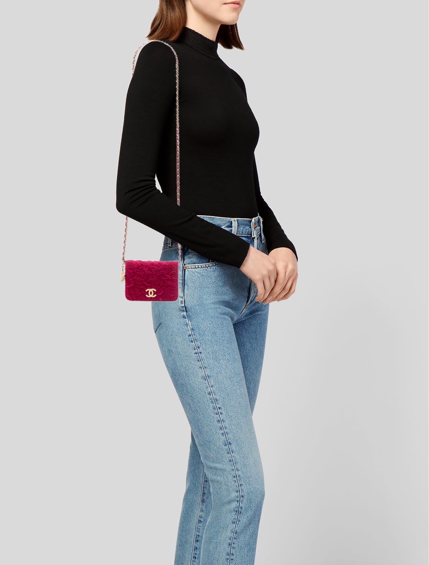 Chanel Camellia Velvet Flap Coin Purse w/ Chain