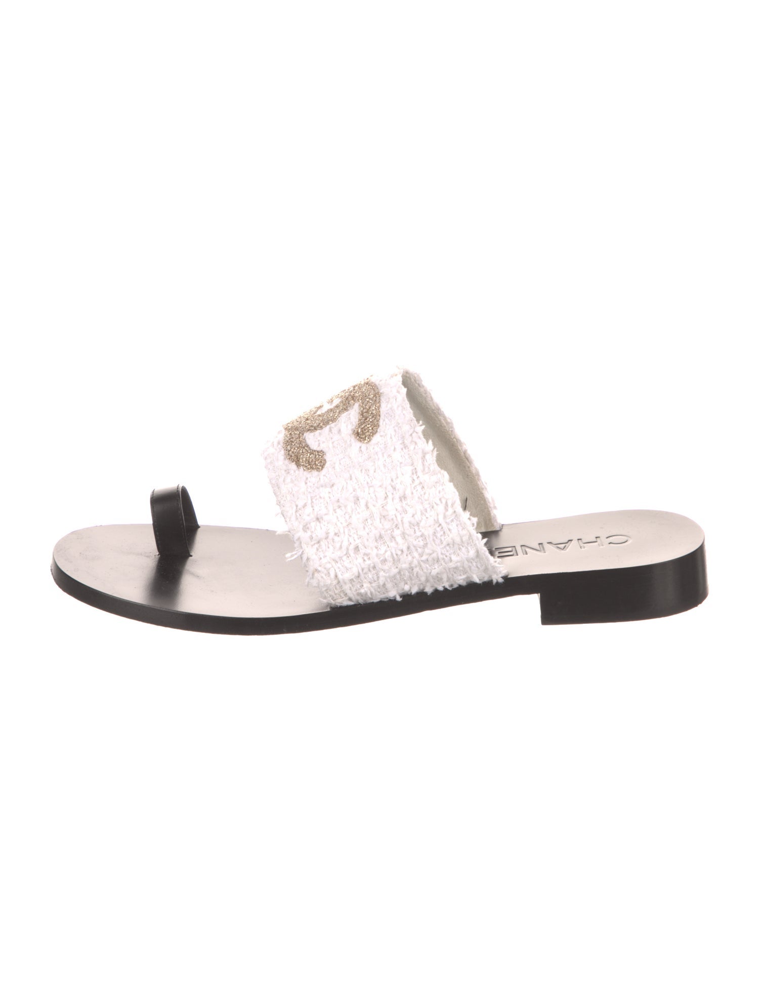 Chanel Interlocking CC Logo Tweed Slides