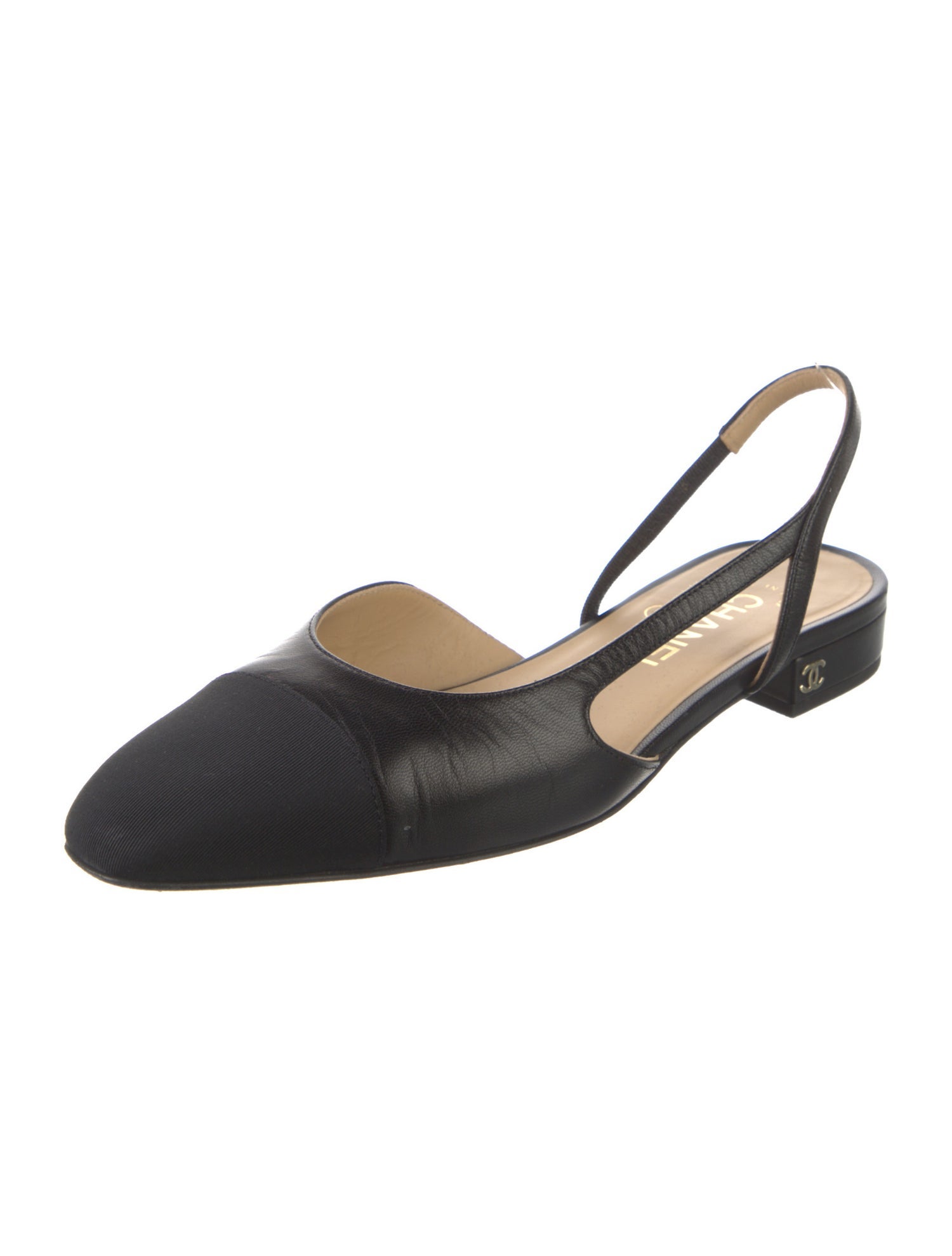 Chanel Interlocking CC Logo Leather Slingback Flats