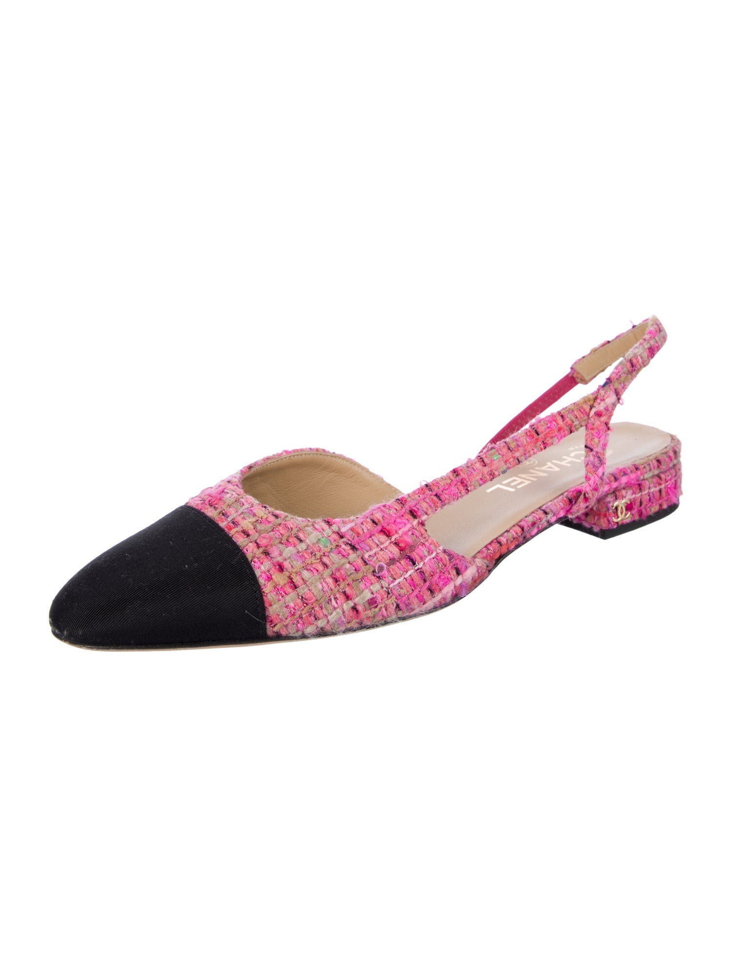 Chanel Interlocking CC Logo Tweed Slingback Flats