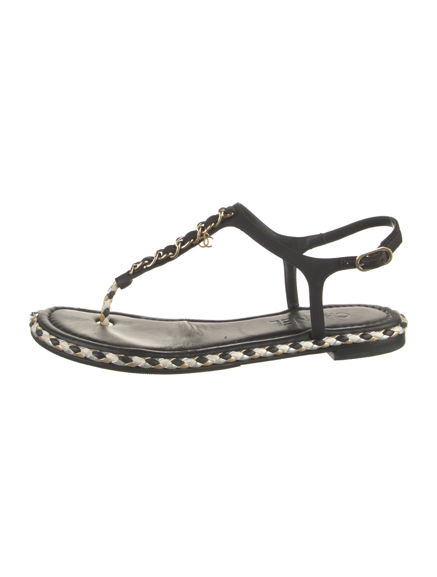 Chanel Leather Patterned T-Strap Sandals