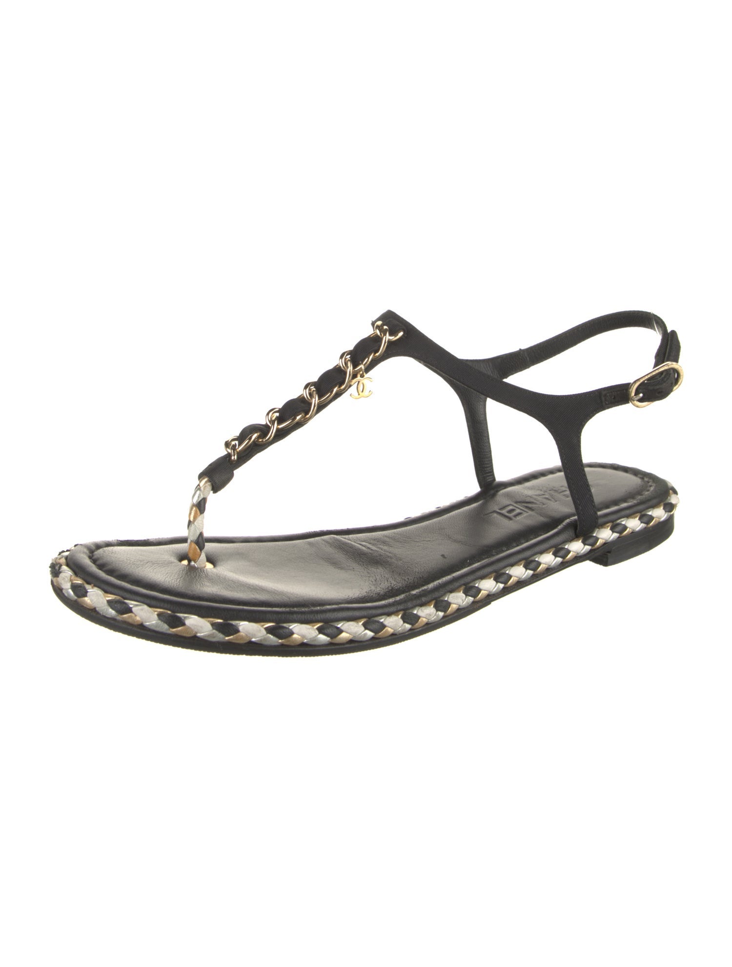 Chanel Leather Patterned T-Strap Sandals