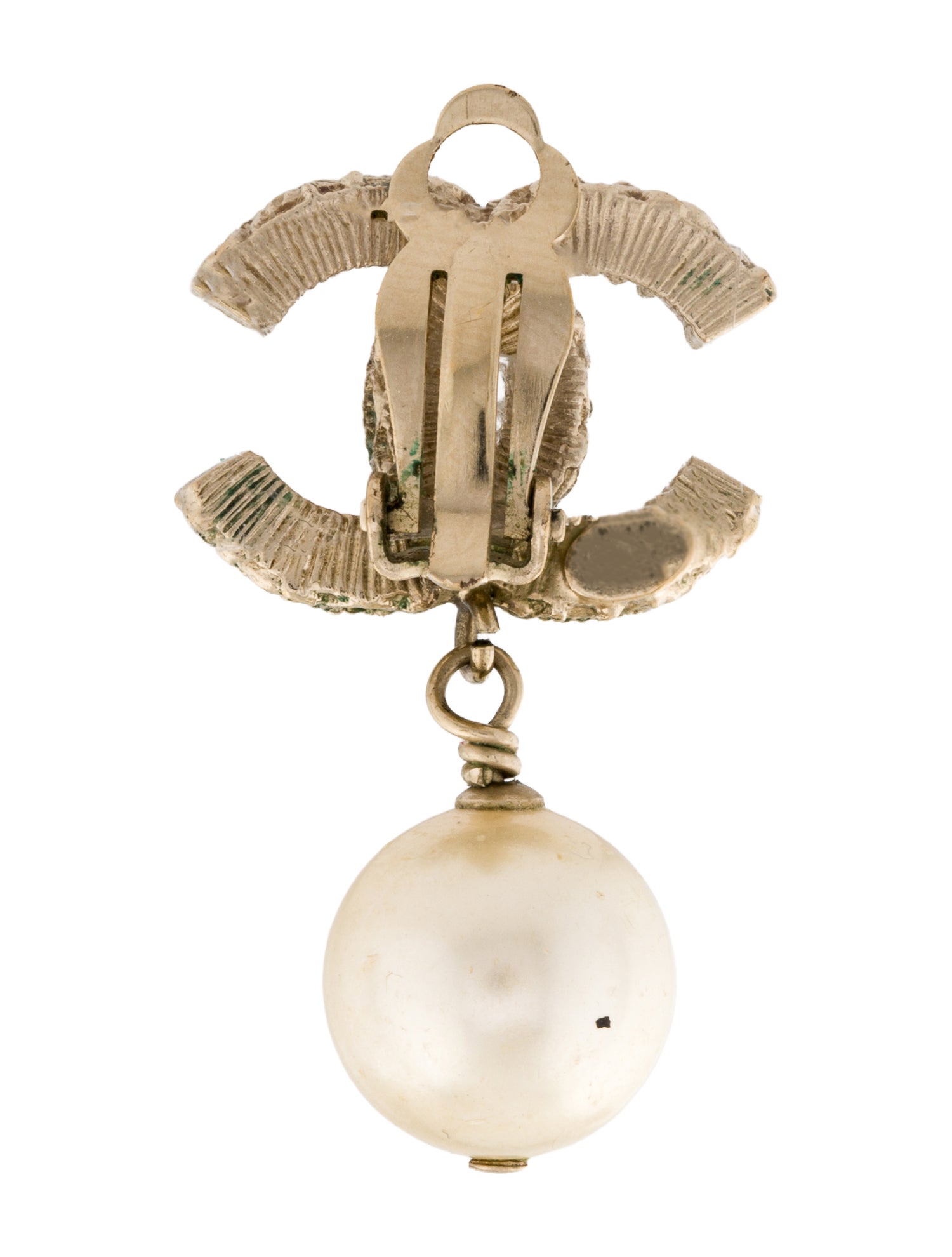 Chanel Faux Pearl & Enamel CC Single Drop Clip-On Earring