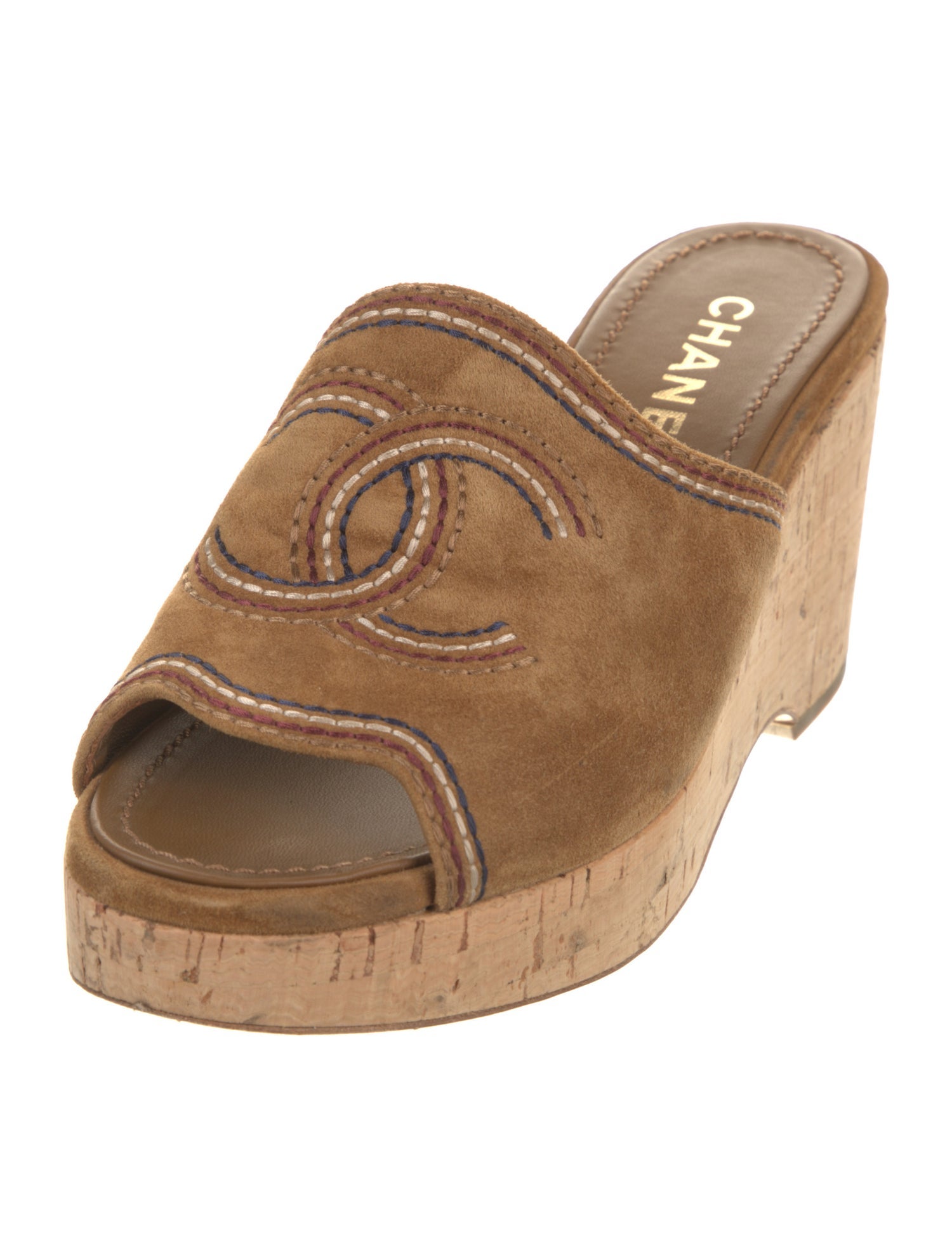 Chanel Interlocking CC Logo Suede Slides