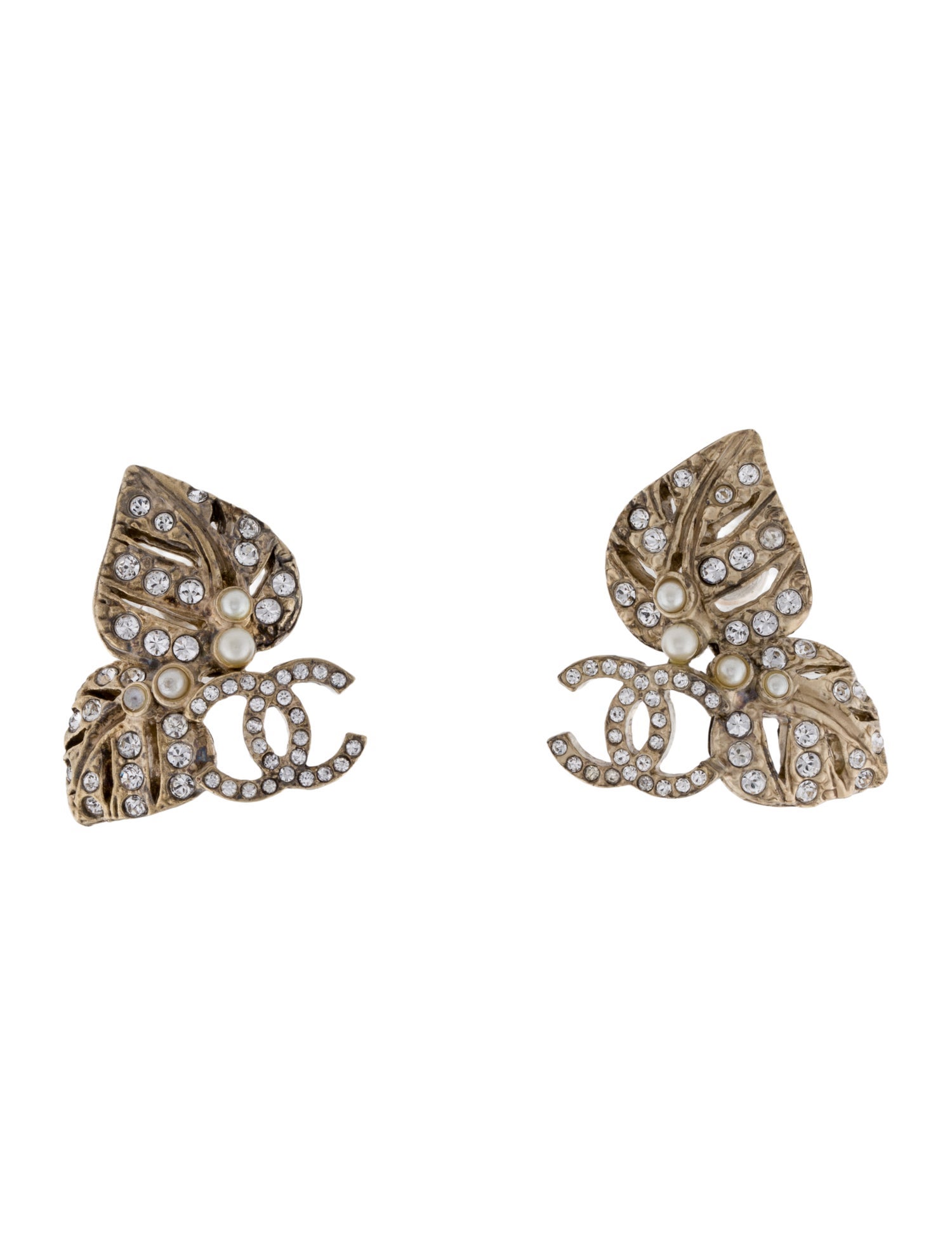 Chanel Faux Pearl & Strass CC Leaf Earrings