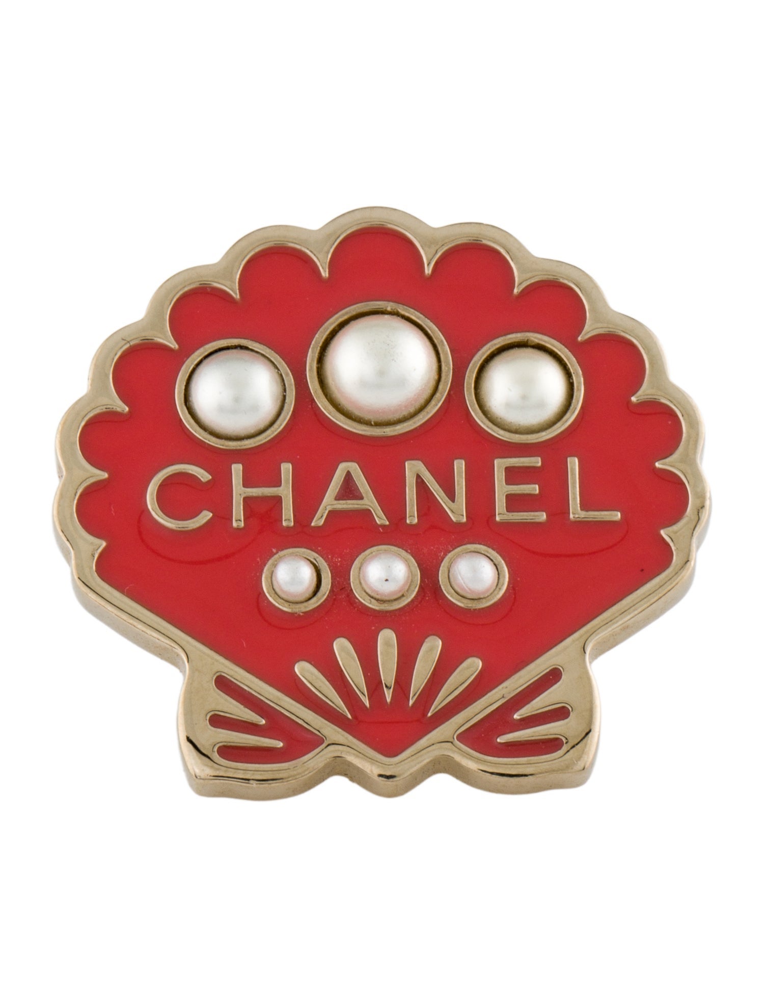 Chanel Faux Pearl & Enamel CC Seashell Brooch Pin