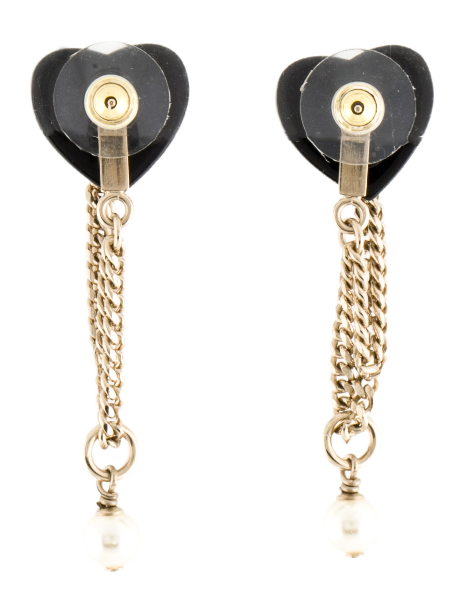 Chanel 2022 Faux Pearl, Resin & Strass Heart CC Drop Earrings