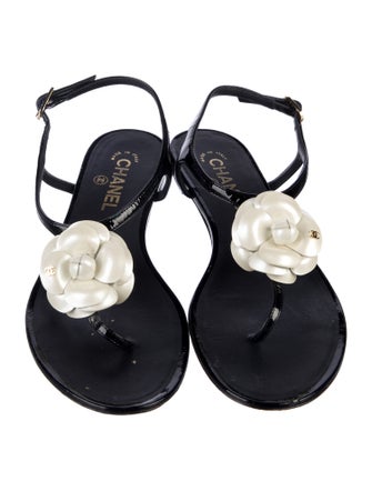 Chanel Interlocking CC Logo Patent Leather T-Strap Sandals