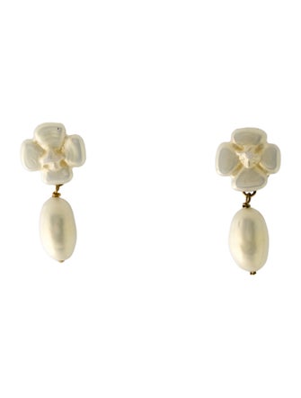 Chanel Vintage Faux Pearl Camelia Drop Clip-On Earrings