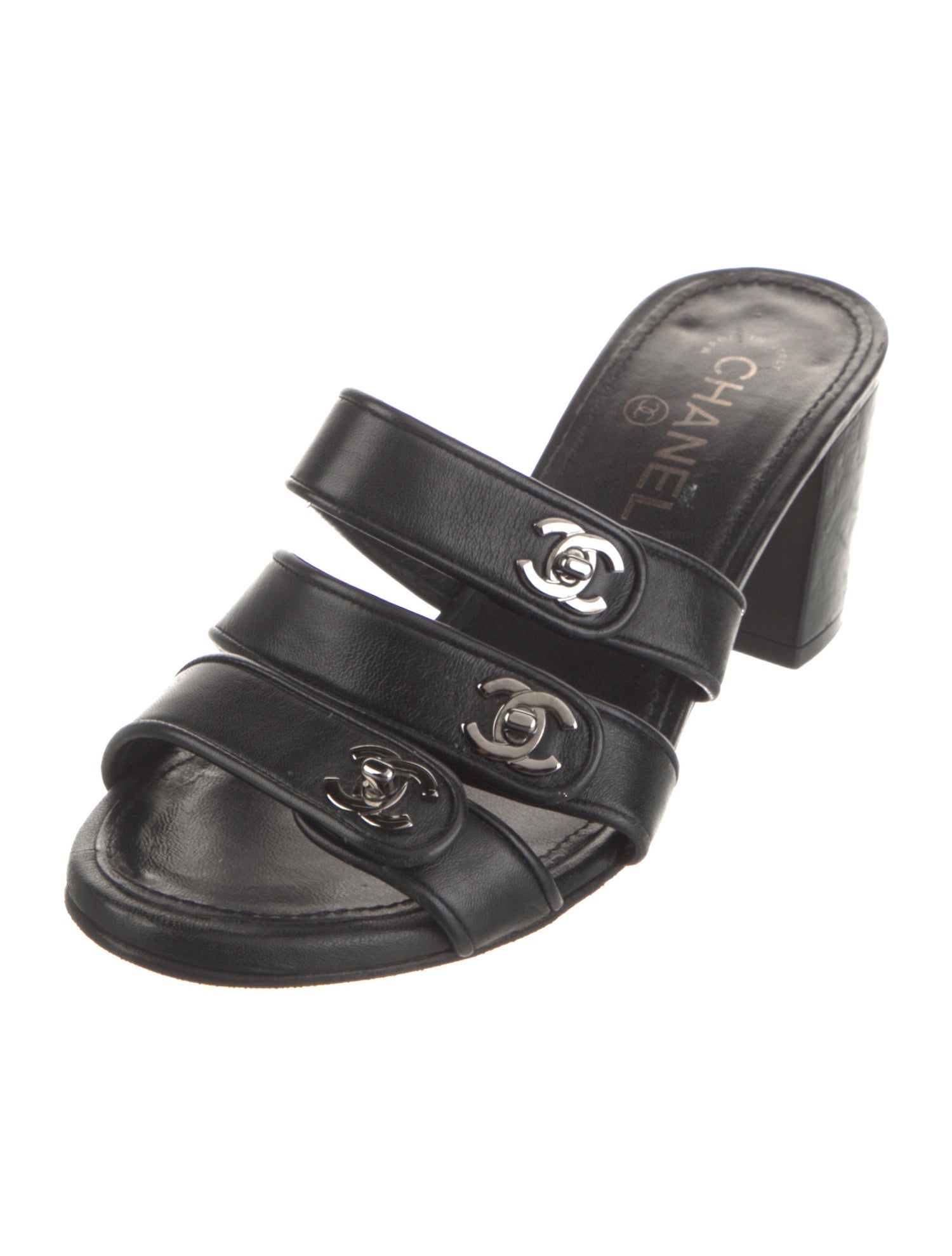 Chanel Interlocking CC Logo Leather Slides