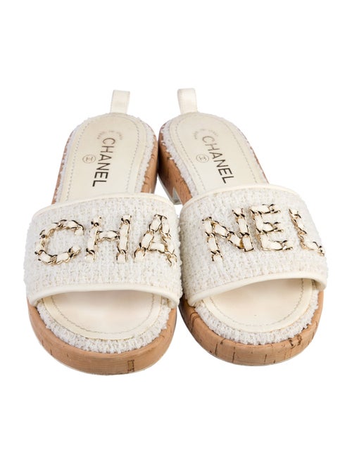 Chanel Interlocking CC Logo Tweed Slides