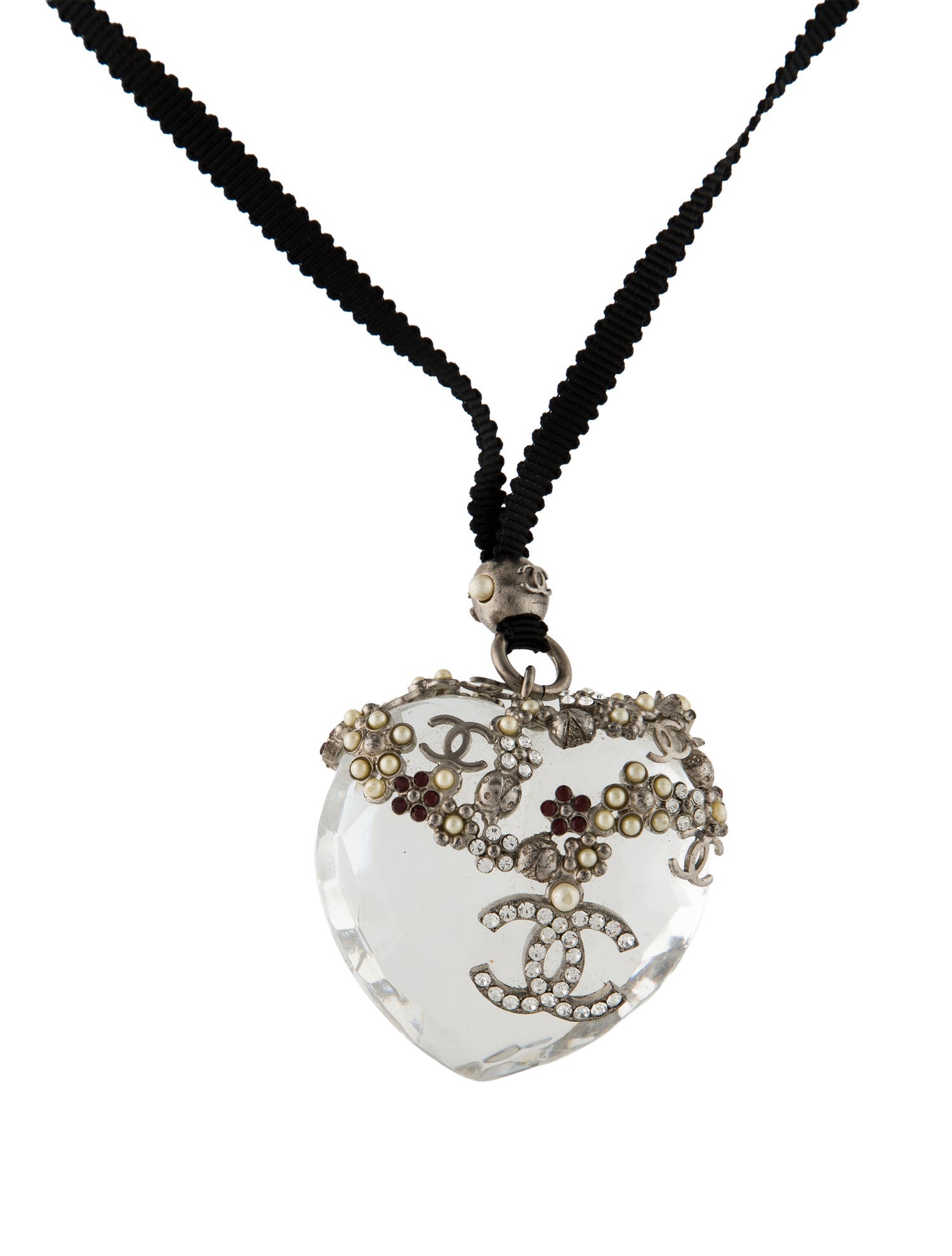 Chanel Faux Pearl, Strass & Crystal CC Heart Pendant Necklace