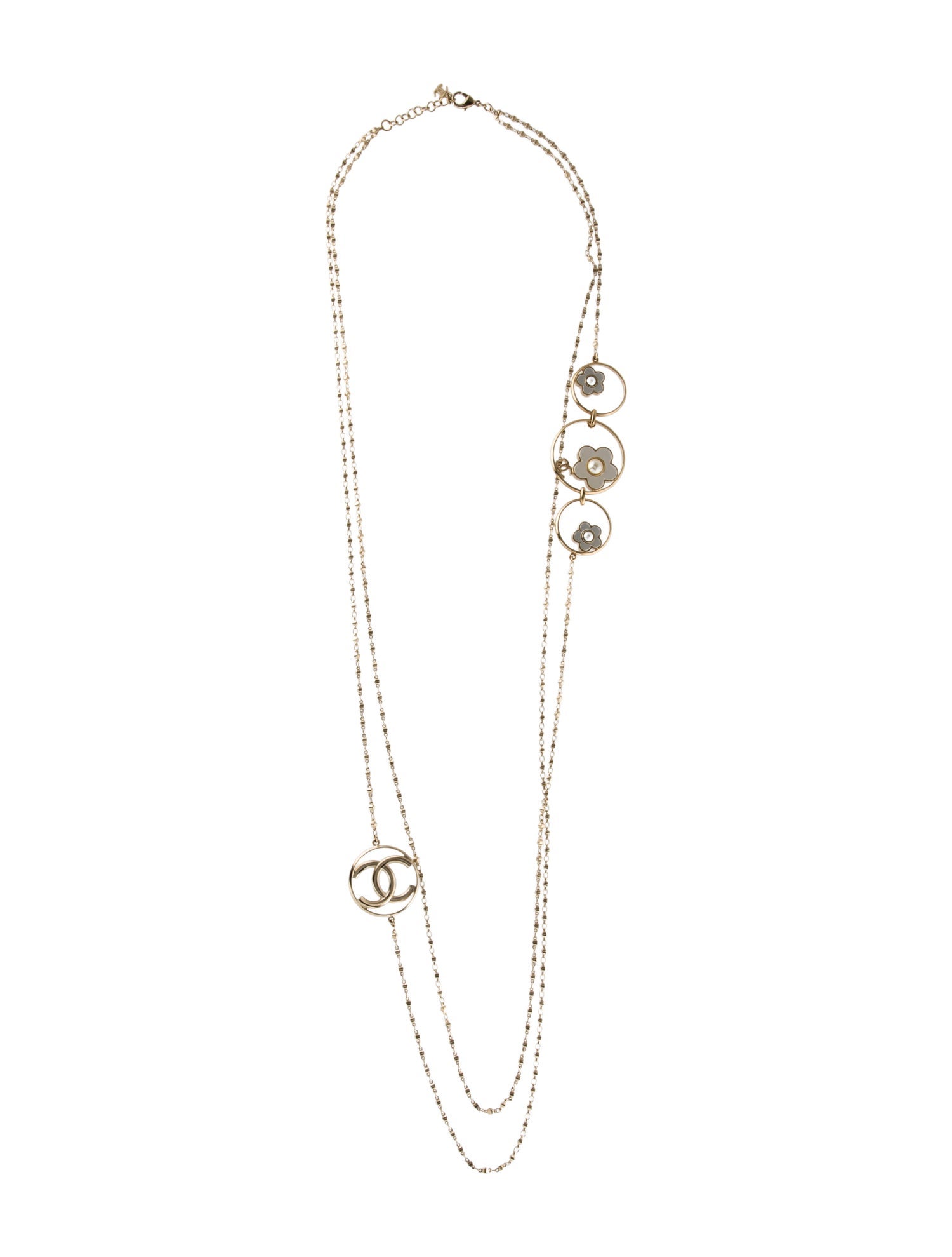 Chanel Faux Pearl & Resin CC Camelia Station Double Strand Necklace