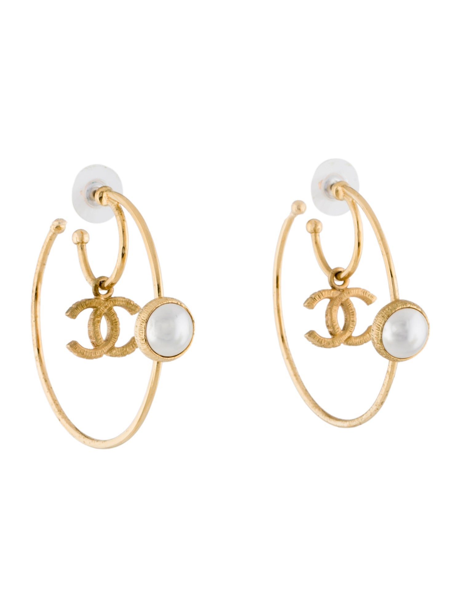 Chanel 2020 Faux Pearl CC Hoop Earrings