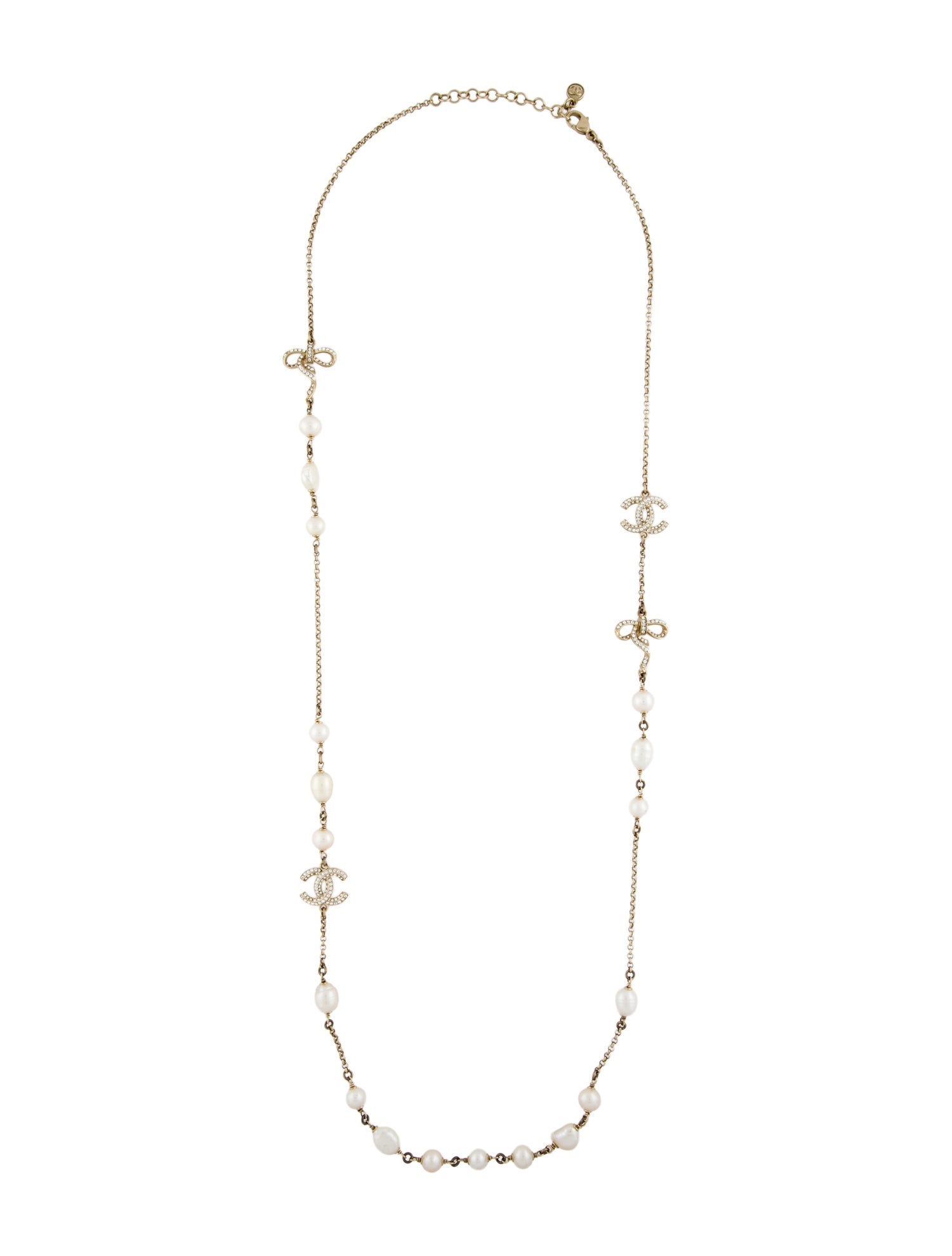 Chanel Pearl & Strass CC Bow Station Necklace