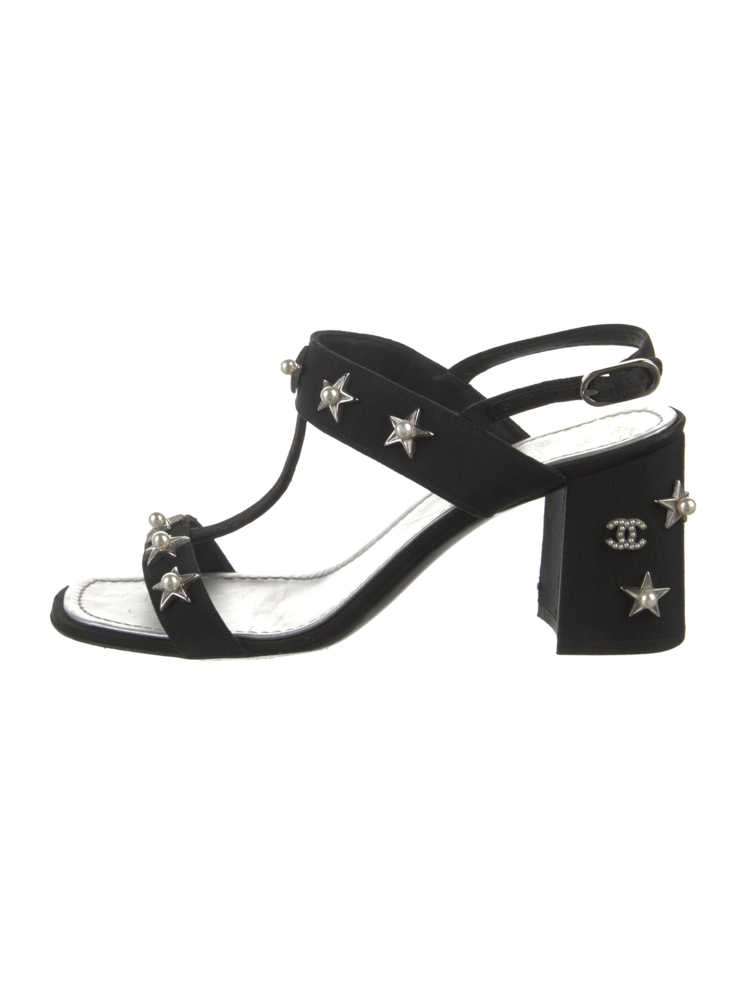 Chanel Interlocking CC Logo Studded Accents T-Strap Sandals