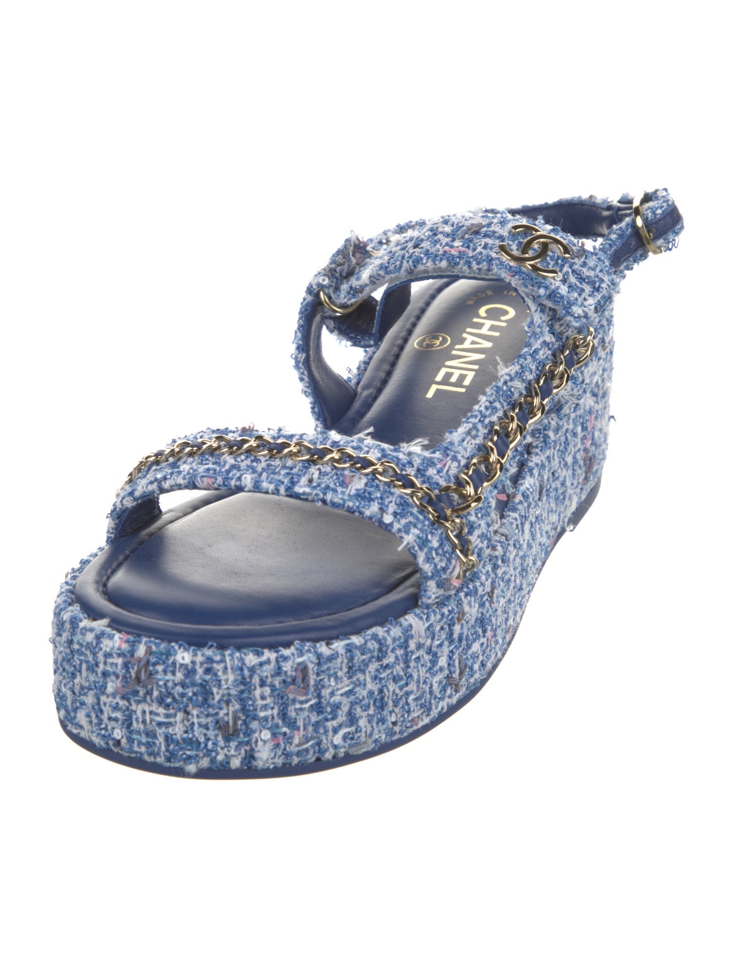 Chanel Interlocking CC Logo Tweed Slingback Sandals
