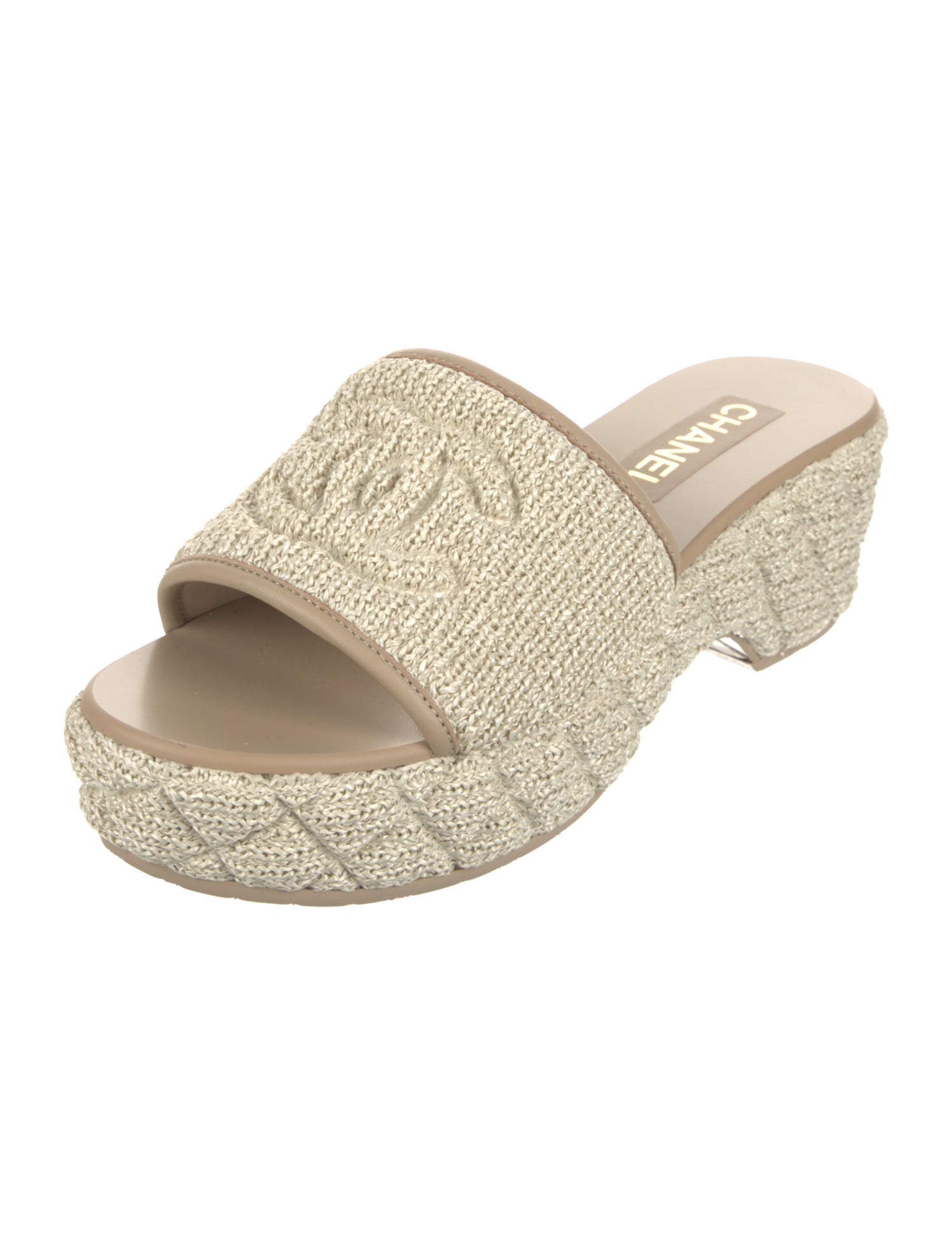 Chanel Interlocking CC Logo Raffia Slides