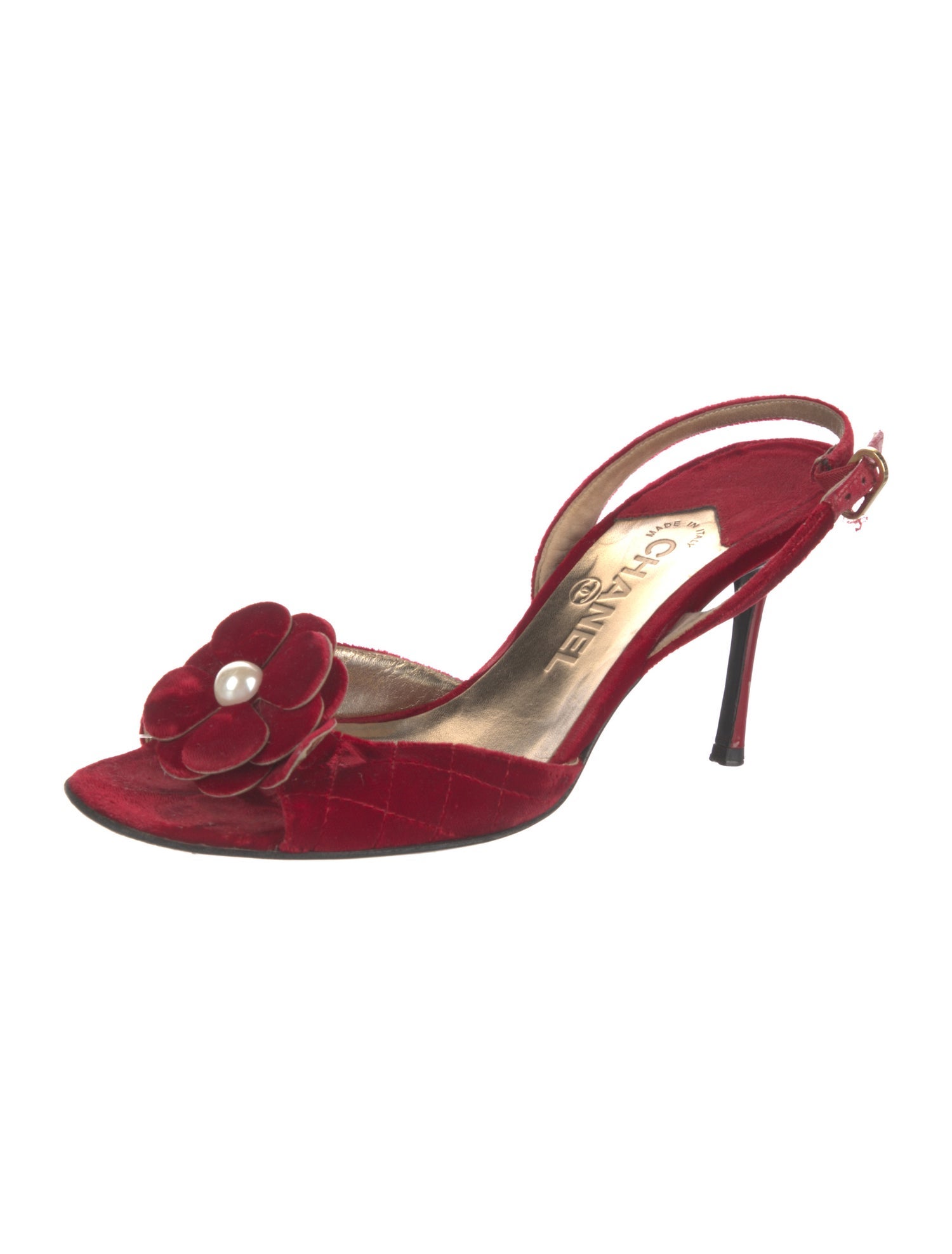 Chanel Faux Pearl Accents Velvet Slingback Sandals